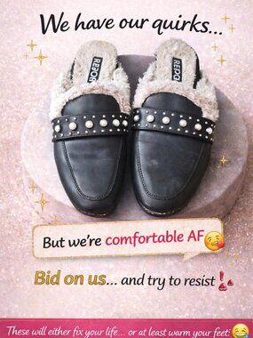 Report Fur Lined Mules Embellished With Pearls Size 7 1/2
